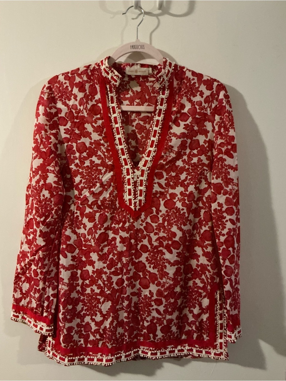 Tory Burch Red and White Floral V-Neck Tunic